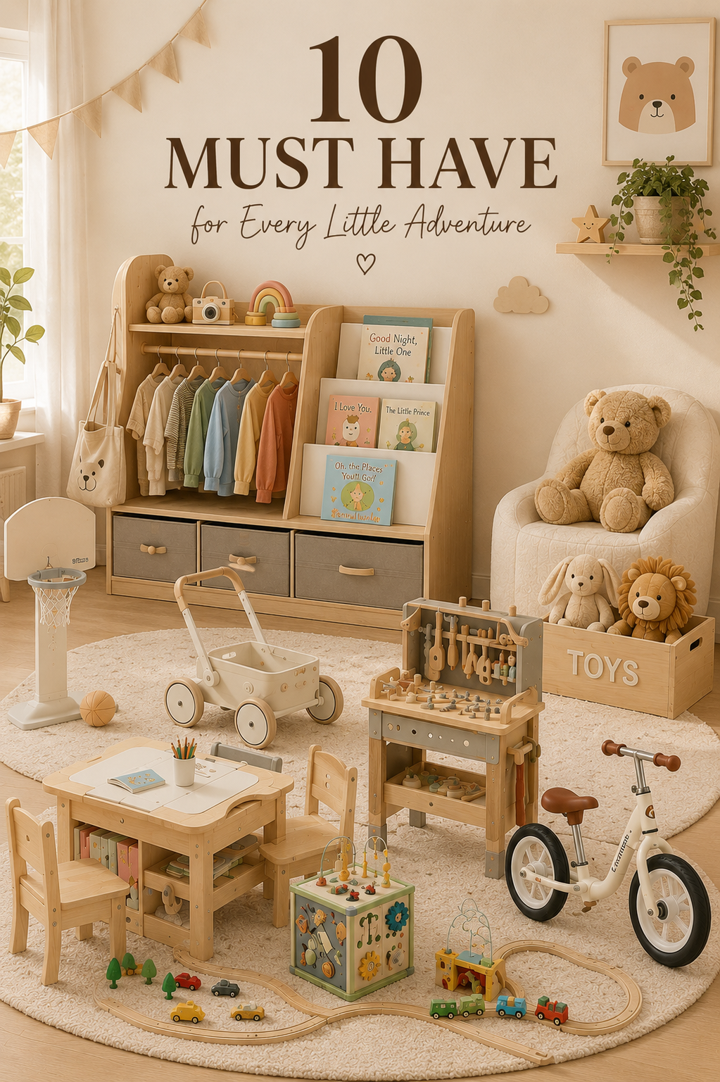 Montessori kids room setup with shelves, toys, and natural wood furniture