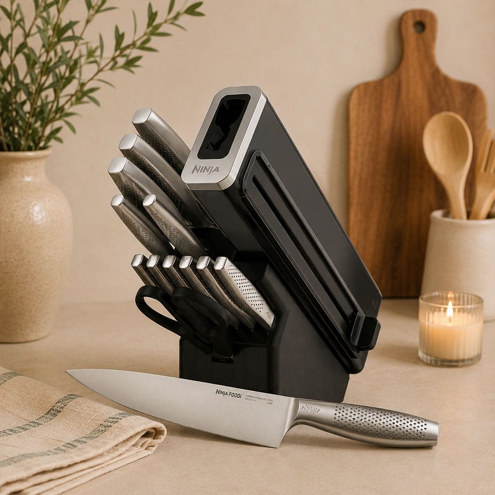 Ninja stainless steel knife block set styled in a cozy minimalist kitchen with neutral tones, candlelight, and wooden accents.