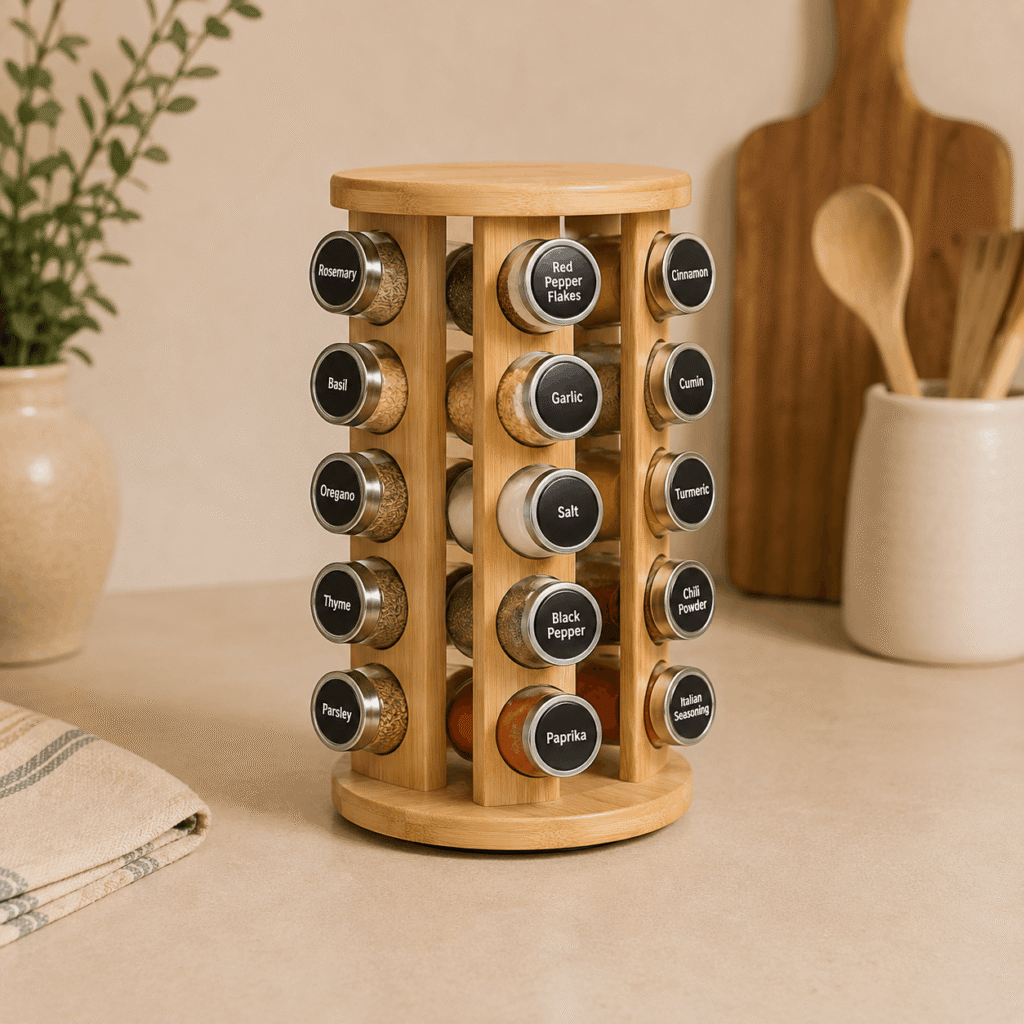 Rotating bamboo spice rack organizer with glass spice jars styled on a warm neutral kitchen countertop with wooden kitchen decor.