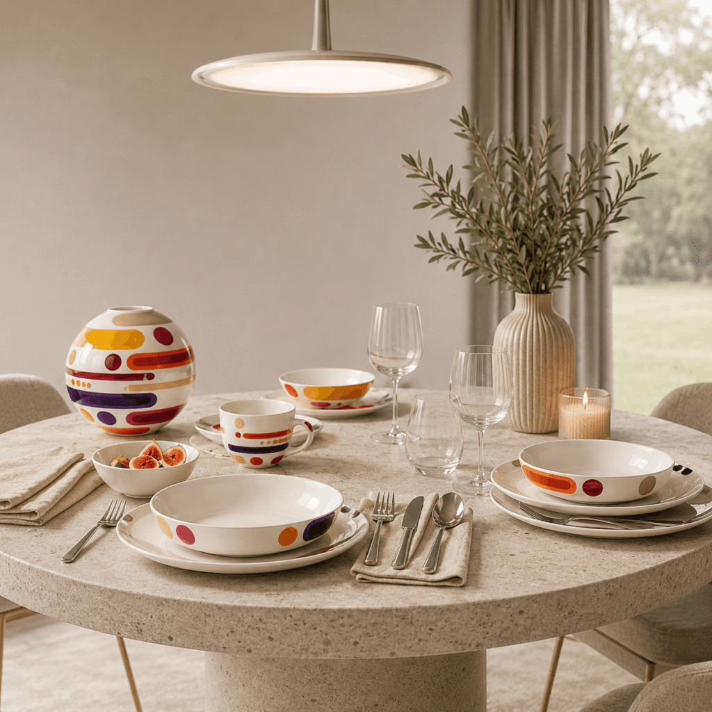 Minimalist dining table setup with colorful modern dinnerware set, neutral decor, candles, and elegant glassware in a cozy aesthetic kitchen. Villeroy&boch