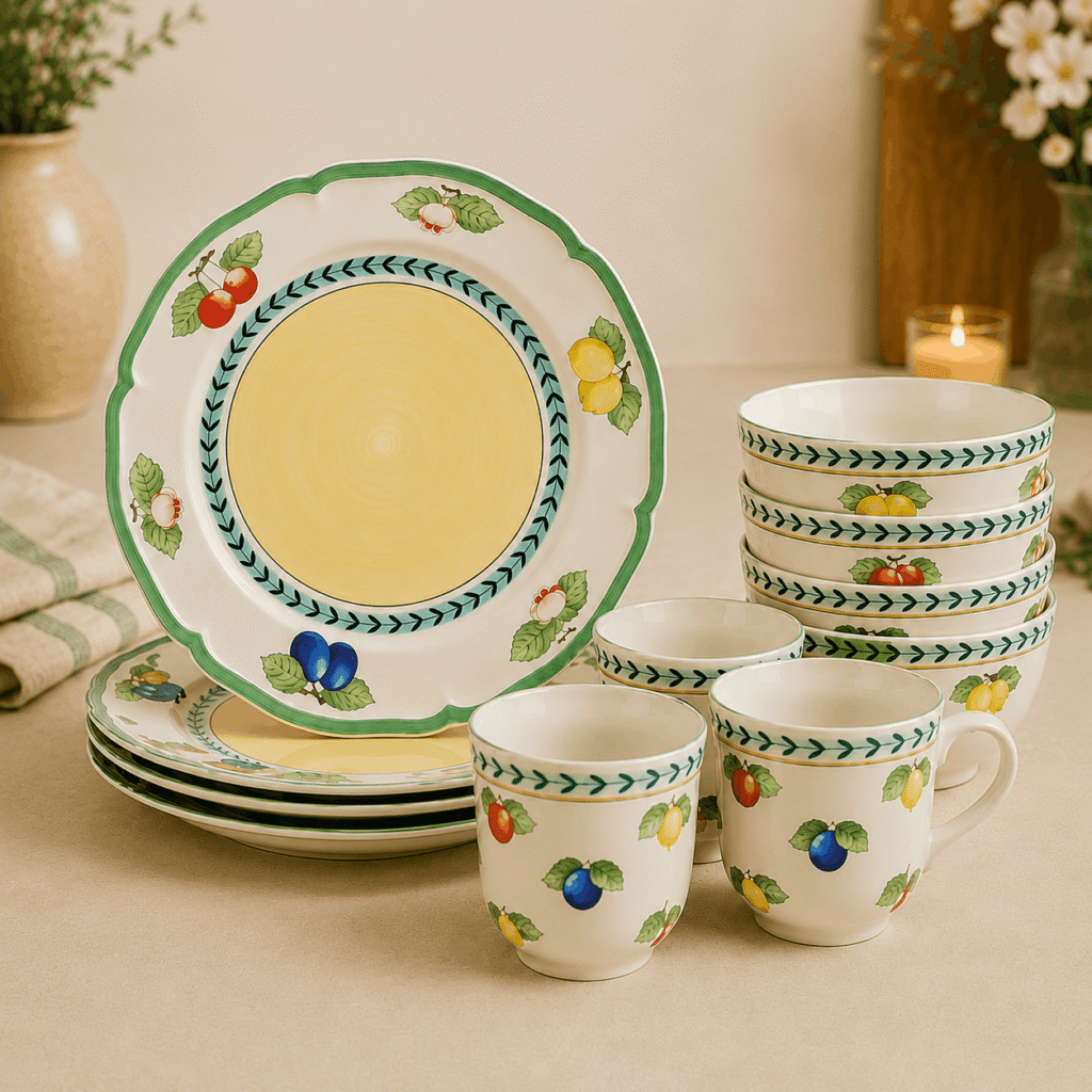 Villeroy & Boch floral dinnerware set with plates, bowls, and mugs styled in a warm cozy kitchen aesthetic