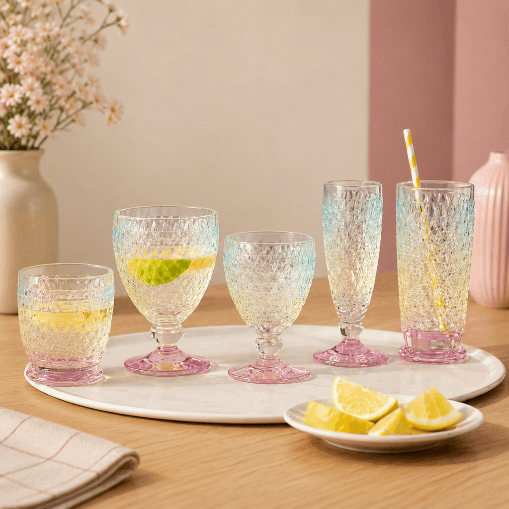 Pastel iridescent crystal glasses styled on a white tray with lemon slices in a soft pink aesthetic kitchen setting