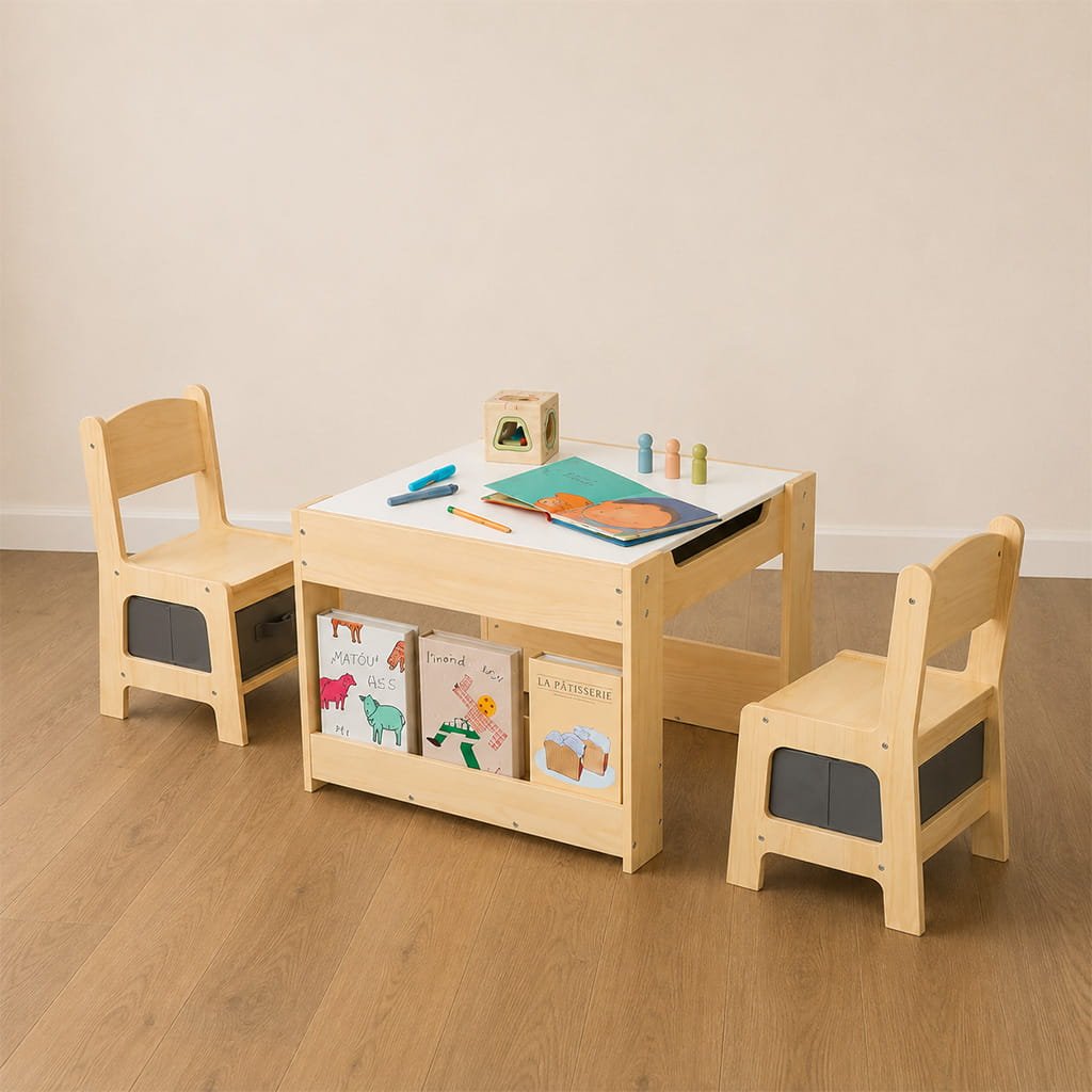 Montessori wooden table and chair set for toddlers with activity toys