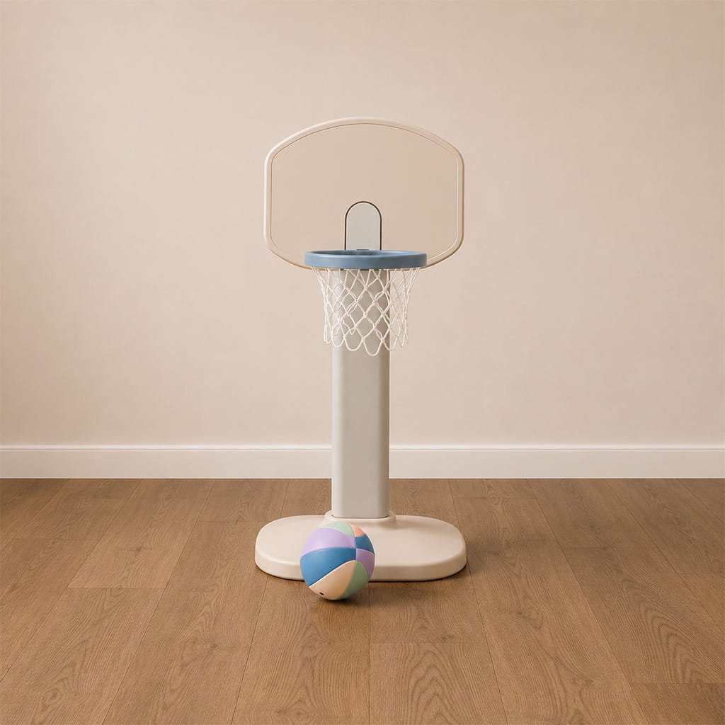 Montessori basketball hoop toy for kids in a clean minimalist room