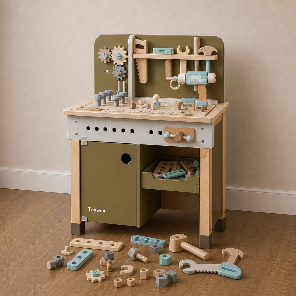 Montessori wooden play kitchen with tools and accessories for kids