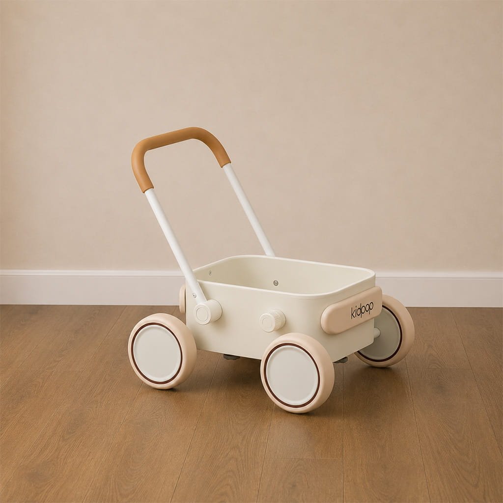 Montessori wooden push walker for babies on a light wood floor