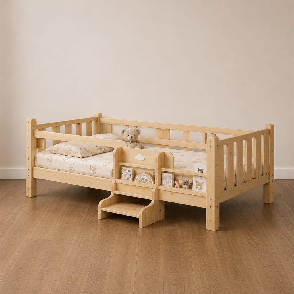 Montessori low toddler bed with wooden frame in a neutral minimalist bedroom