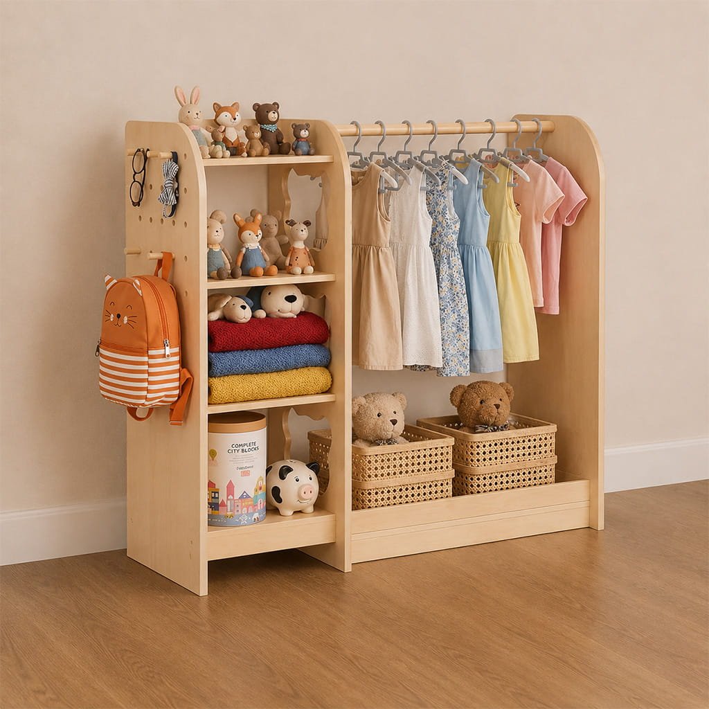 Montessori wardrobe with open shelves and hanging clothes rail for children