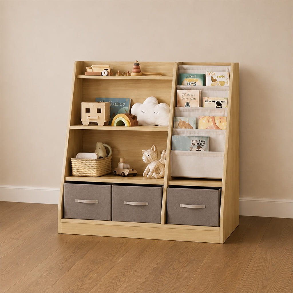 Montessori wooden bookshelf with toy storage bins for kids room organization