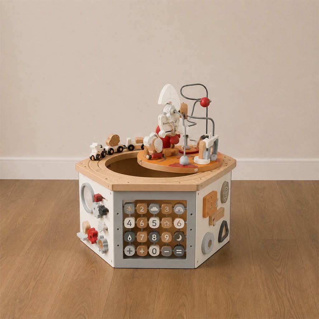 Montessori activity cube with sensory toys for toddlers in a minimalist kids room