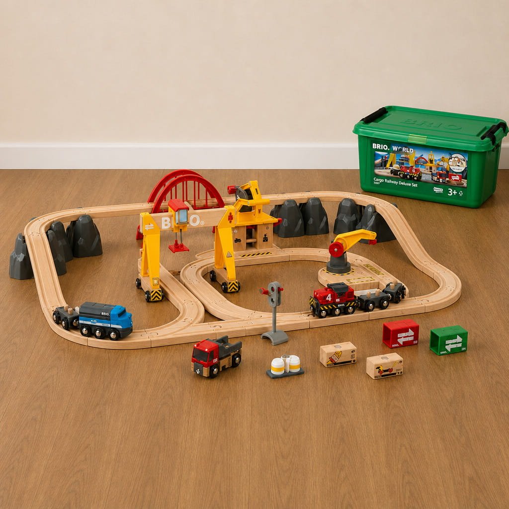Montessori wooden train set with colorful tracks and toys on a neutral floor